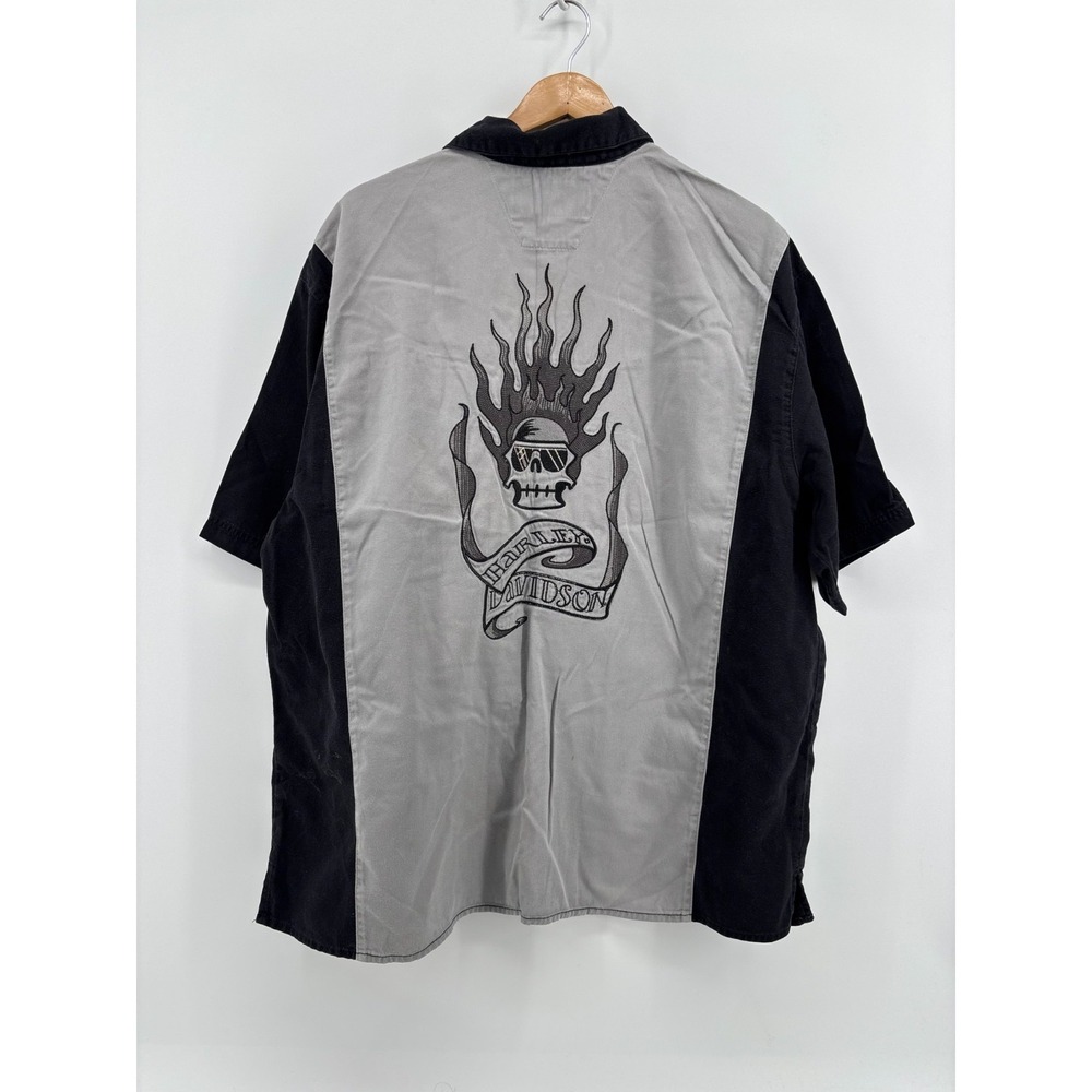 Harley-Davidson Button Up Shirt Mens XL Gray Black Flaming Skull Mechanic S/S